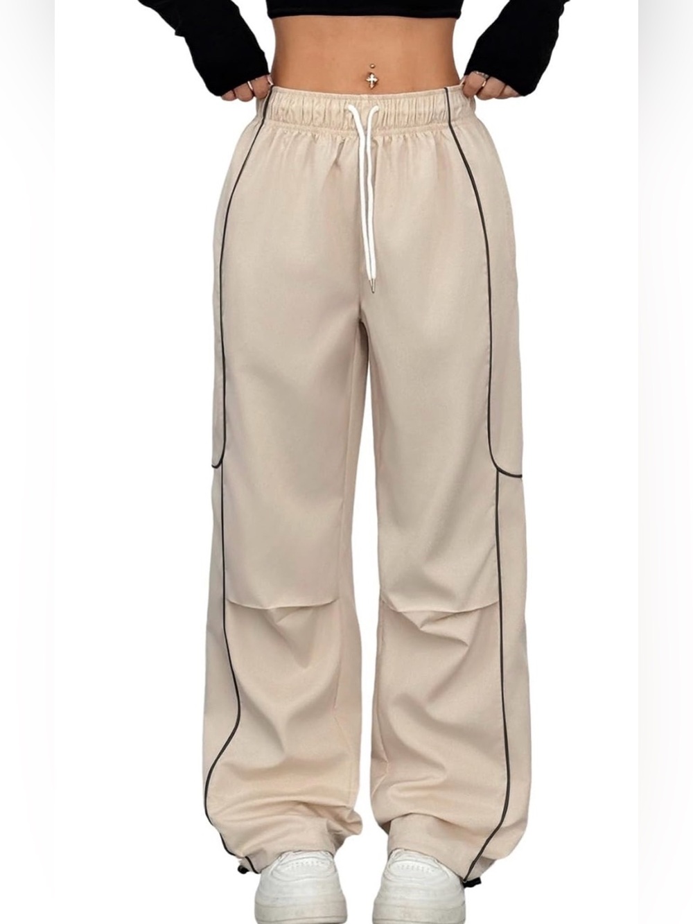 Zaful Beige Track Pants with Black Piping